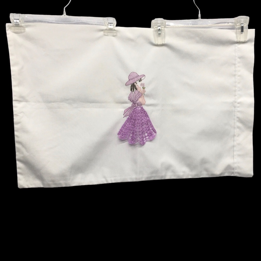 Hand Embroidered Girl in Purple Crocheted Skirt  Pillowcase